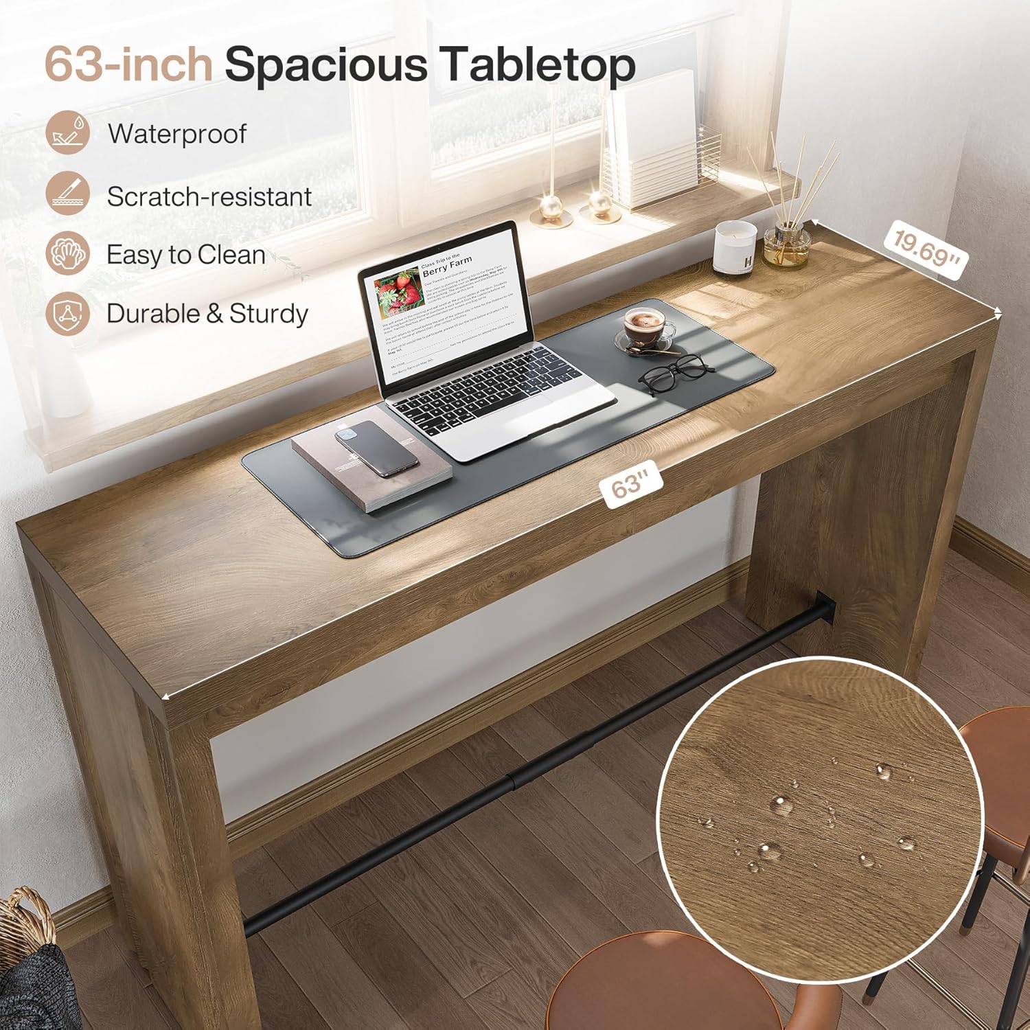 Tribesigns Bar Table, 63-Inch Modern Counter Height Pub Table with Metal Footrest, Rectangular High Bar Dining Table, Home Bar Unit for Kitchen, Dining Room, Living Room, Bistro, Brown