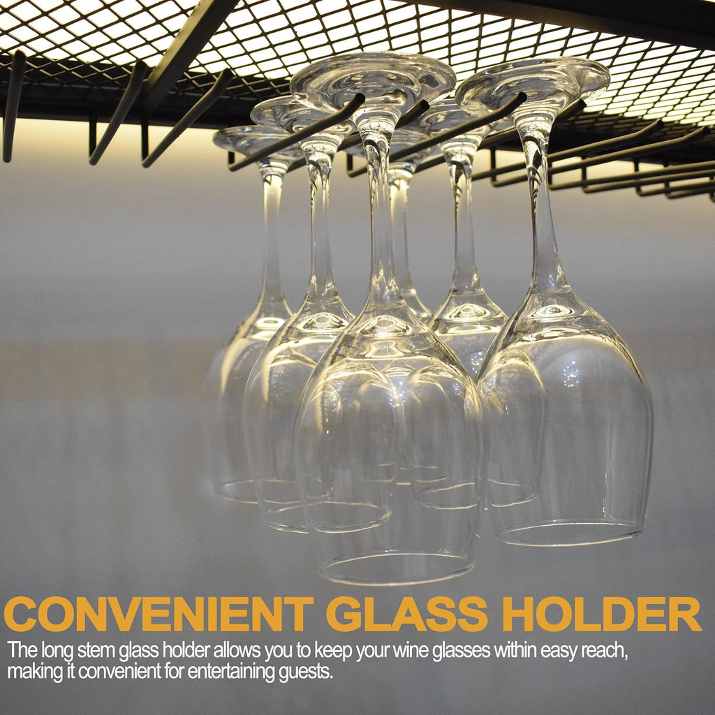 Large Heavy Duty 39in Wine Rack with LED Wall Mounted Bottle Glass Holder Under Shelf, 3-Tiers Liquor Floating Shelves Display Storage Organizer Hanging Long Stemware Goblet Metal for Home Bar