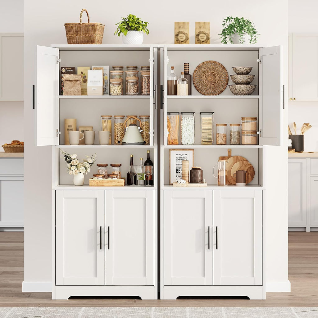 70" Kitchen Pantry Storage Cabinet, Freestanding Buffet Cabinet with Microwave Stand & 4 Door Shelves, Kitchen Hutch with Doors, Adjustable Shelves and Wine Rack,White.
