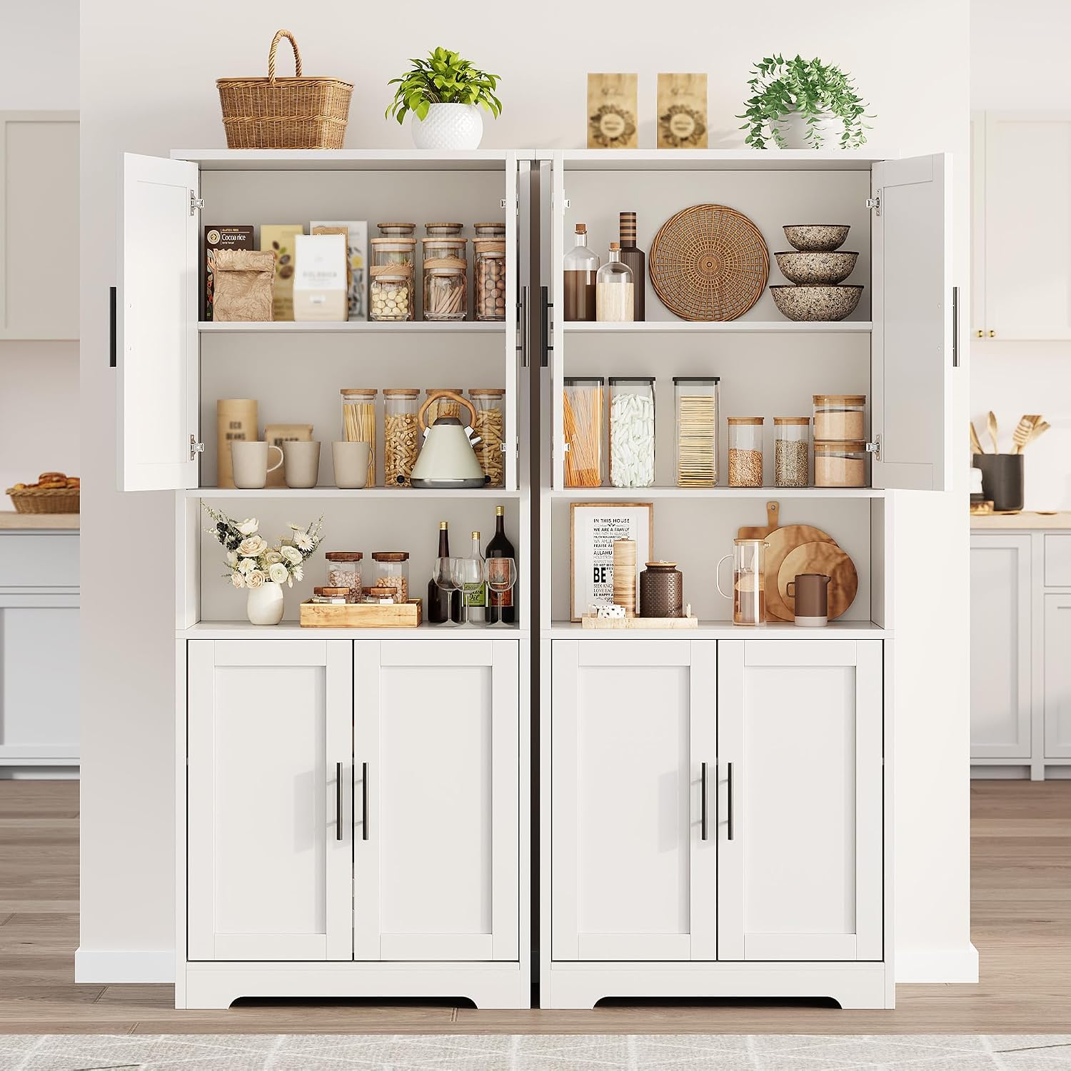 70" Kitchen Pantry Storage Cabinet, Freestanding Buffet Cabinet with Microwave Stand & 4 Door Shelves, Kitchen Hutch with Doors, Adjustable Shelves and Wine Rack,White.