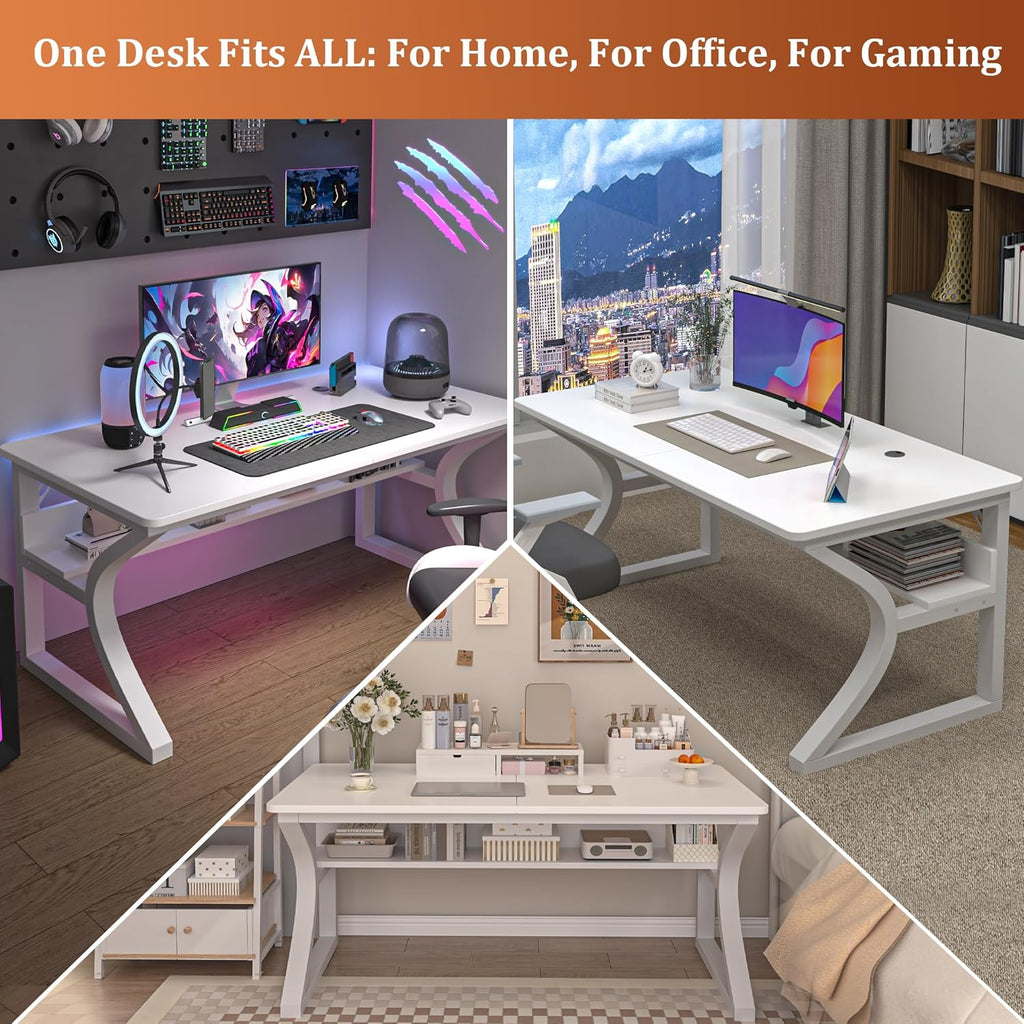47 inch Computer Desk, Home Office Desk with Storage Shelf, Sturdy U-Shaped Metal Frame Study Table with Cable Management, Gaming Desk for Office & Bedroom, White