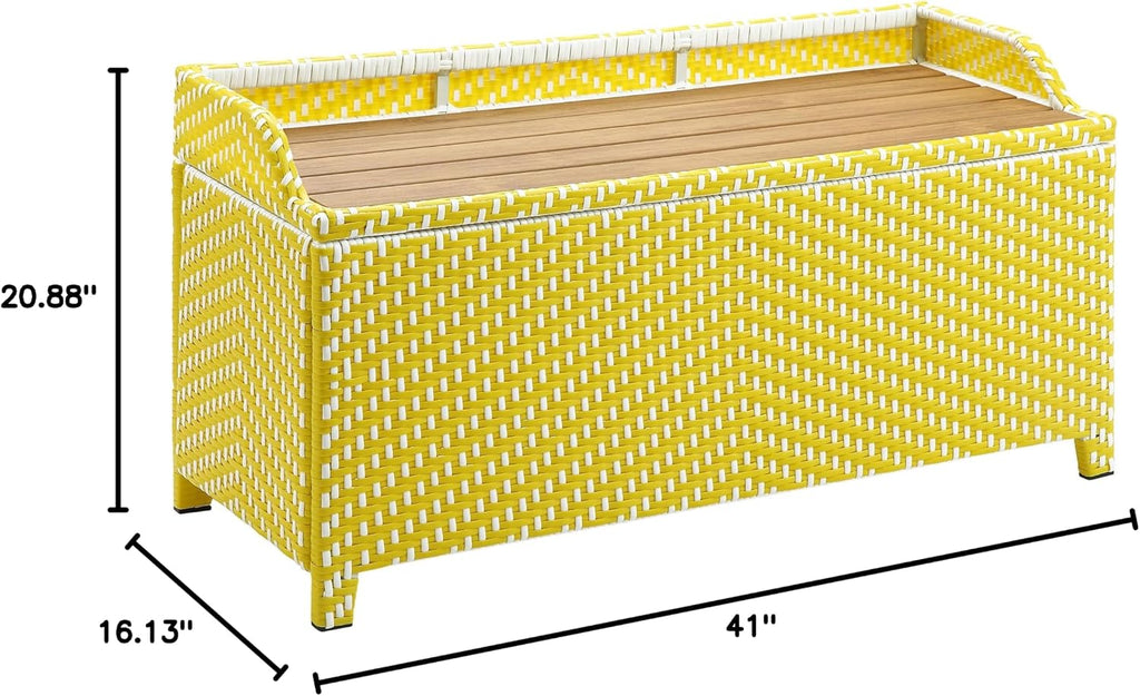 Greemotion Azur Beach Aluminum and All-Weather Wicker 41 in. Wide Storage Bench for Garden, Backyard, Patio, Pool Area, Porch, Yellow and White