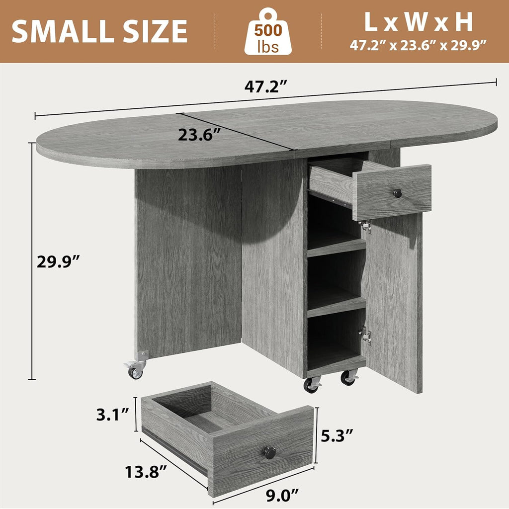 Jocoevol Round Folding Dining Table for 4, Space Saving Drop Leaf Kitchen Table with Storage Drawer, 6 Wheels Oval Gateleg Foldable Dining Table for Small Spaces(Grey 47 * 23.6 * 30)