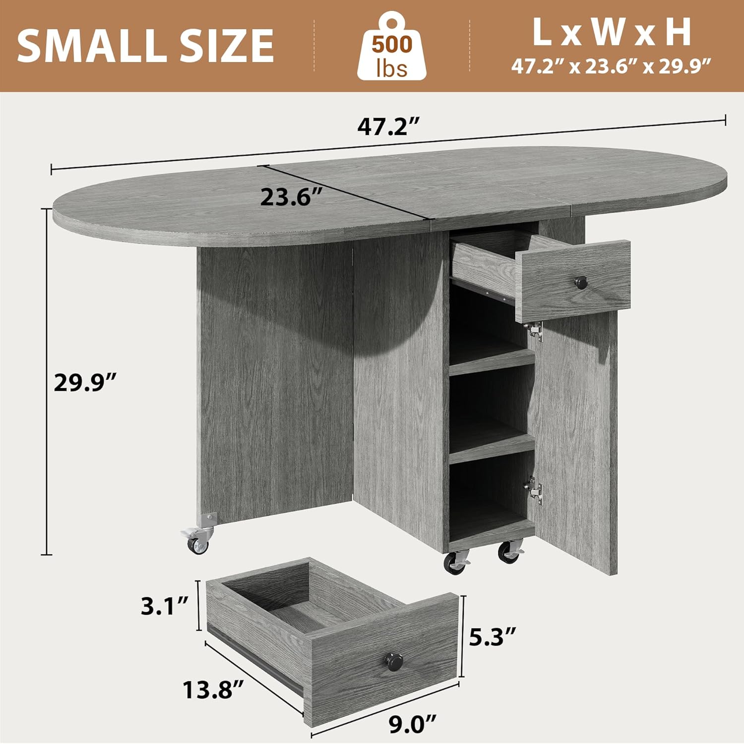 Jocoevol Round Folding Dining Table for 4, Space Saving Drop Leaf Kitchen Table with Storage Drawer, 6 Wheels Oval Gateleg Foldable Dining Table for Small Spaces(Grey 47 * 23.6 * 30)