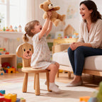 Wooden Step Stool for Toddlers, 2-in-1 Kids Stool & Chair with Cartoon Puppy Design, Solid Rubberwood, Non-Toxic Wood Wax Oil, CPC Certified 250 lbs Capacity, for Classroom Playroom Nursery (Natural)