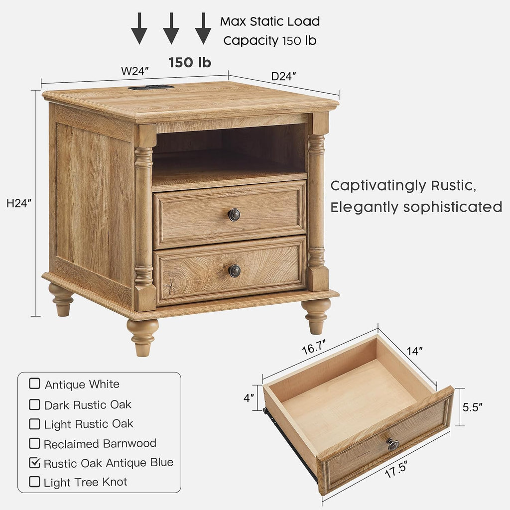 T4TREAM 24'' Farmhouse End Table w/4 Solid Wood Feet, Large 2 Drawers Wide Sofa Side Table with Charging Station, Tall Rustic Wood Square Nightstand for Living Room, Bedroom, Office, Light Tree Knot