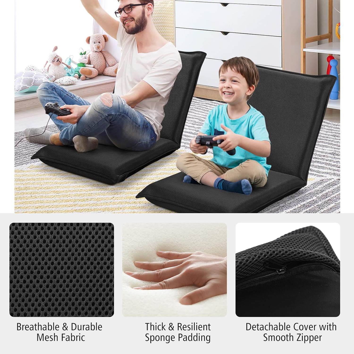 LIFEZEAL Folding Floor Chair, Reading Chair with 6 Positions Adjustable Backrest, Floor Chair with Mesh Surface, for Reading, Meditation, Yoga (Black)