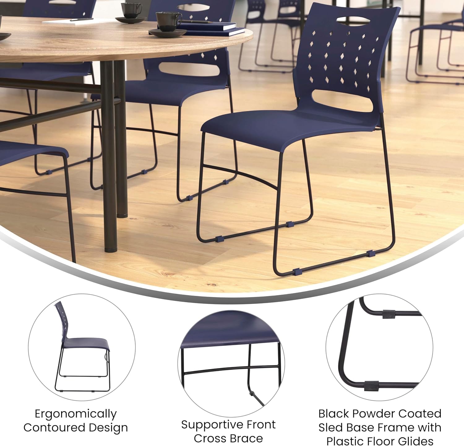 Flash Furniture HERCULES Series 881 lb. Capacity Navy Sled Base Stack Chairs with Air-Vent Back, Set of 5