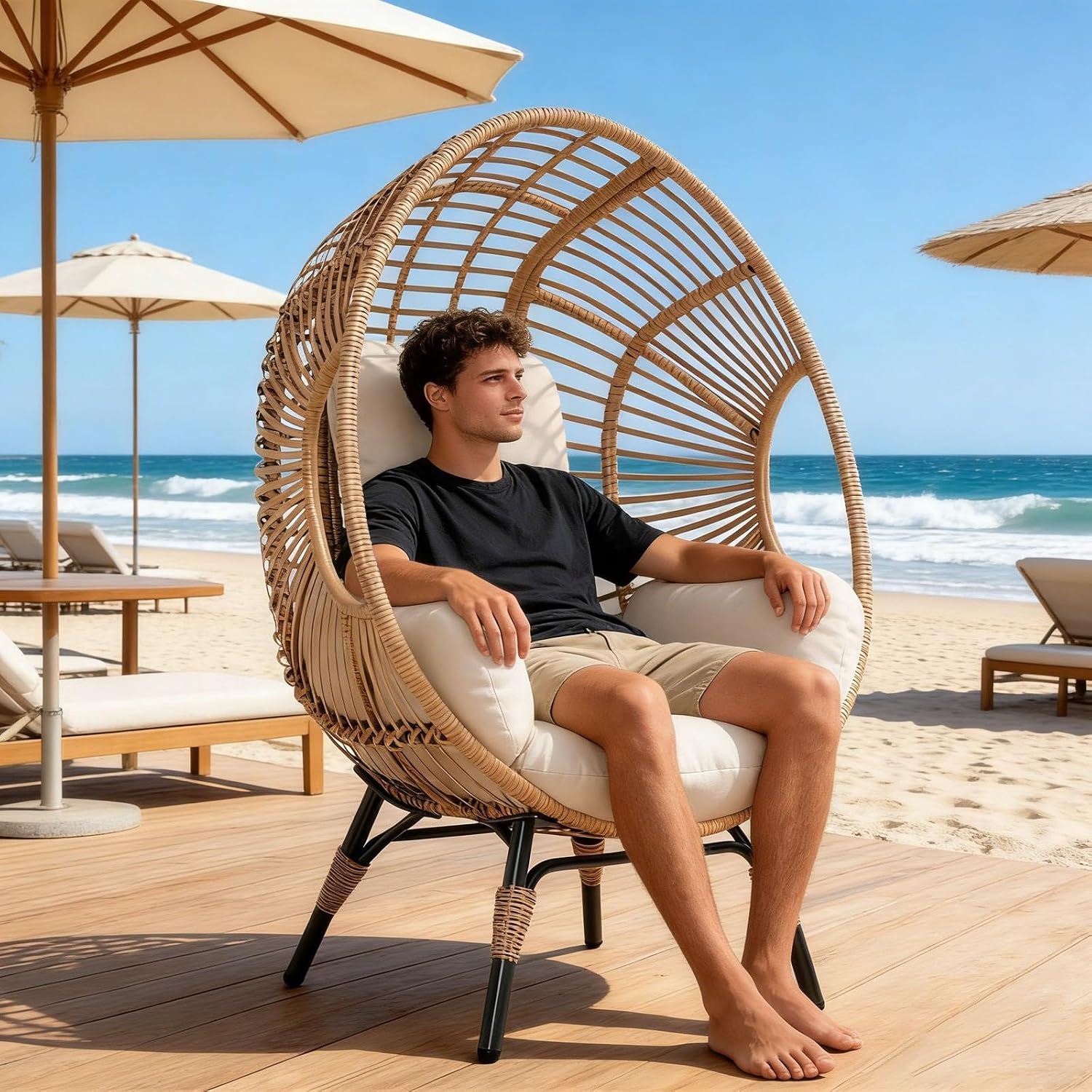 Indoor Outdoor Egg Chair Wicker, 400lbs Weight Capacity, 8-Inch Cotton Cushion, Ergonomic Balcony Chairs(Natural)