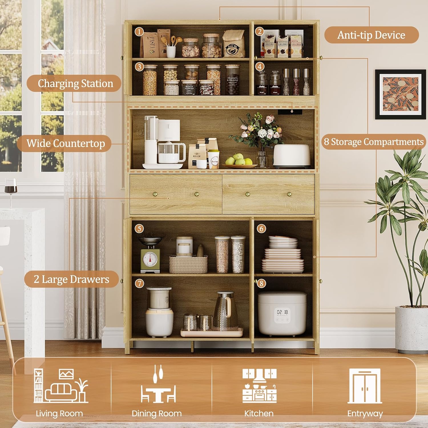 GarveeHome 71" Tall Kitchen Pantry Cabinet with Charing Station, Kitchen Pantry Storage Cabinet with Countertop, Modern Kitchens Hutch Cabinets with Storage for Living Room Dining Room, Natural