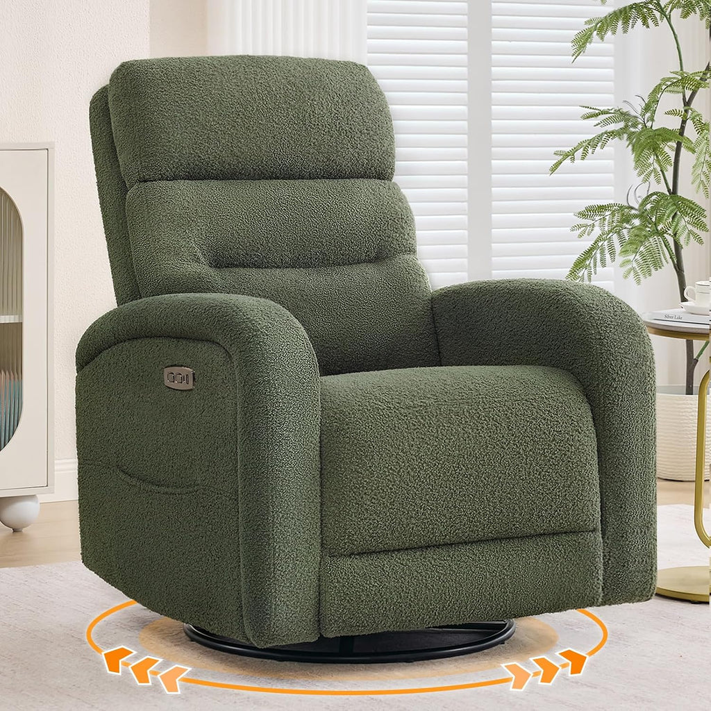 Power Swivel Rocker Recliner, Upholstered Glider Recliner Nursery Chair with Type-C & USB Port,Swivel Rocking Nursery Recliners with Double Pockets for Living Room Bedroom,Green