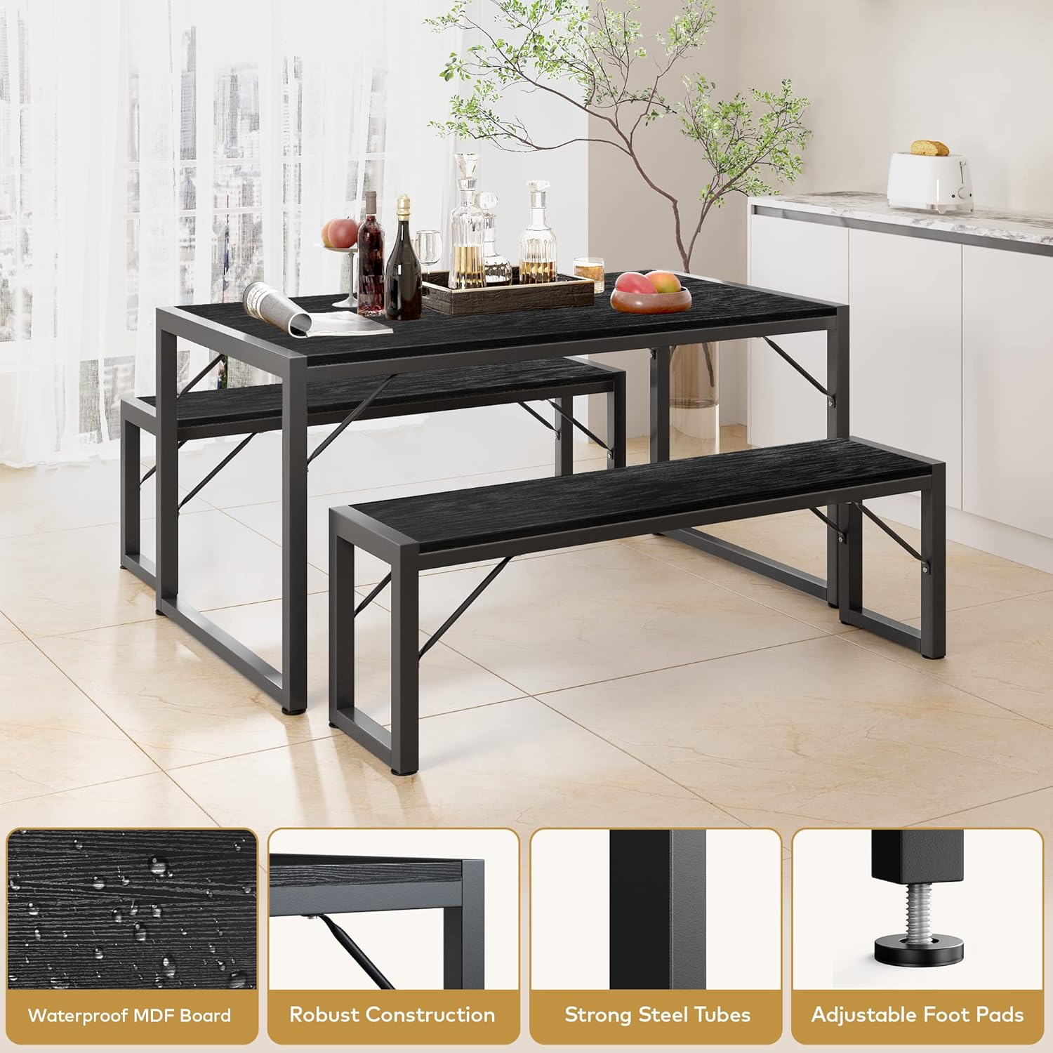 Gizoon 45.5" Dining Table Set for 4 with 2 Benches, Kitchen Table Set with Metal Frame & MDF Board, Space-Saving Dinette for Kitchen, Dining Room -Black