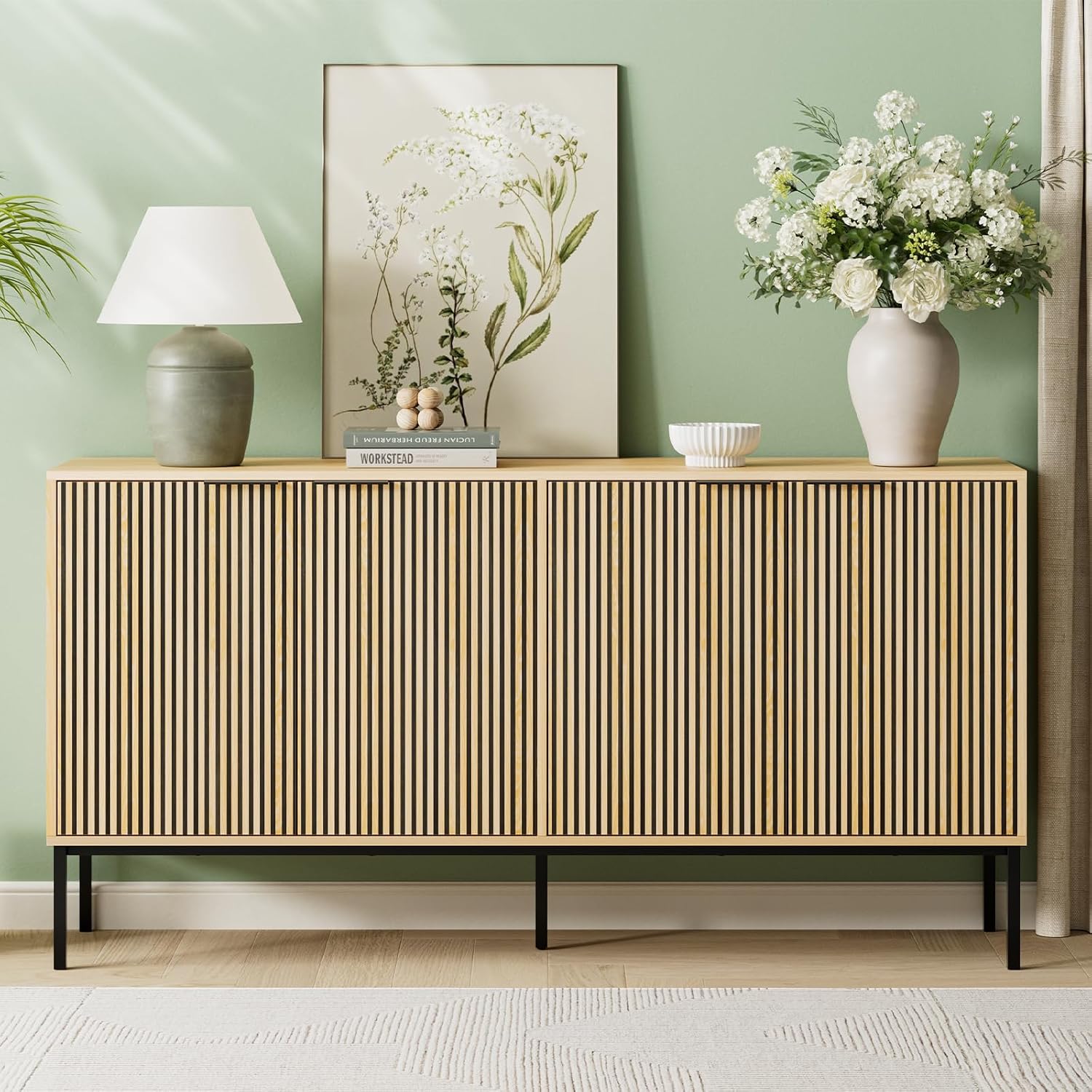 Sideboard Buffet Cabinet with 4 Doors, 63" Kitchen Accent Storage Cabinet with Adjustable Shelves, Square Tubular Steel Legs,Wood Sideboard Credenza for Kitchen Coffee Bar, Natural Wood