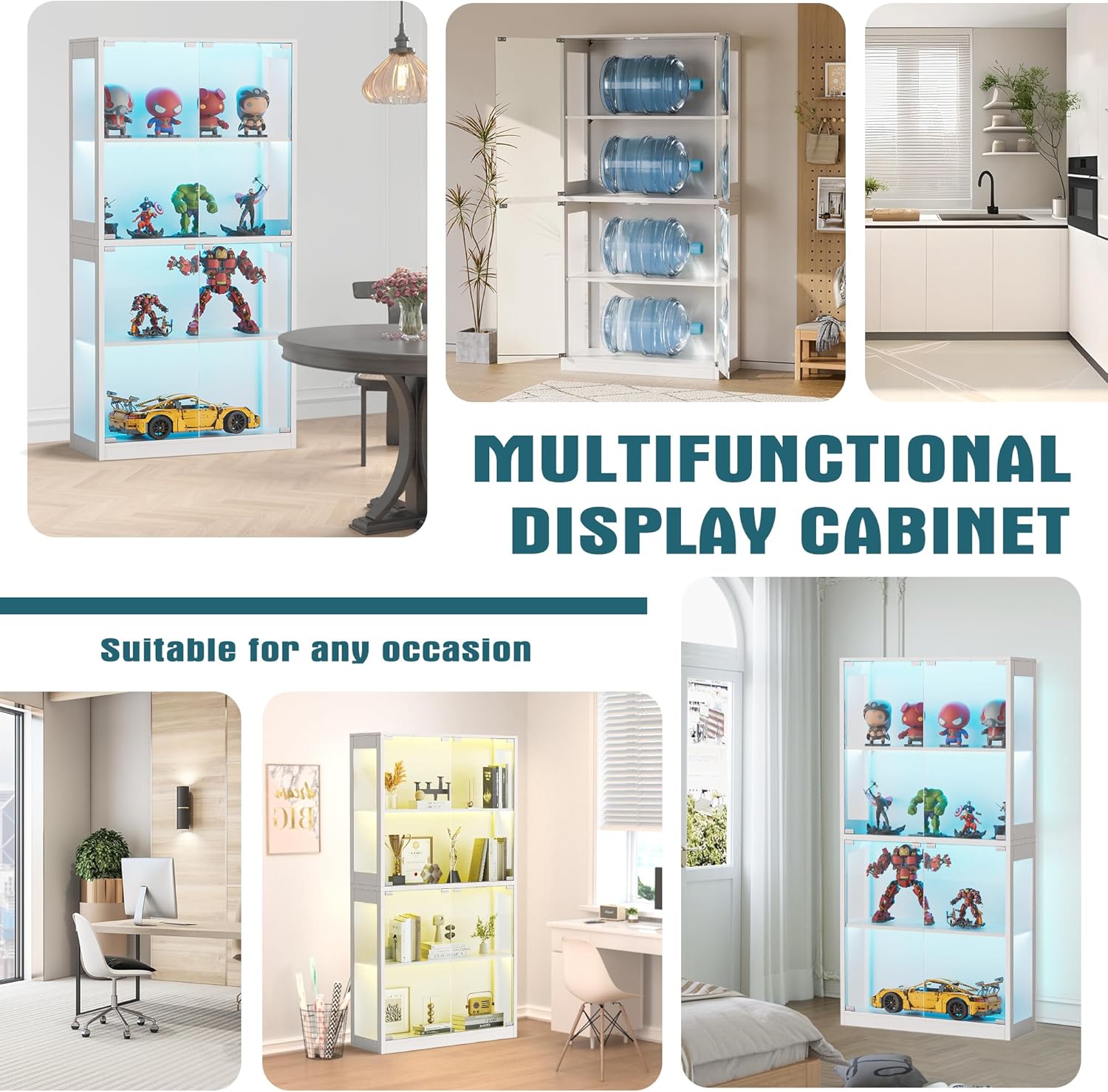 Grepatio Display Cabinet with Glass Doors, 4-Tier Curio Display Case, Collectibles Display Shelf with 12 Color Lights, Toy Bookshelf and Bookcase Cabinet for Collectible Playroom (White)