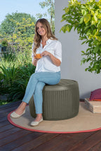 Keter Circa 37 Gallon Resin Deck Box Stool, All-Weather Outdoor Storage Seat with Rattan-Look Finish, Durable Patio Storage Bench for Cushions, Garden Tools, Pool Accessories