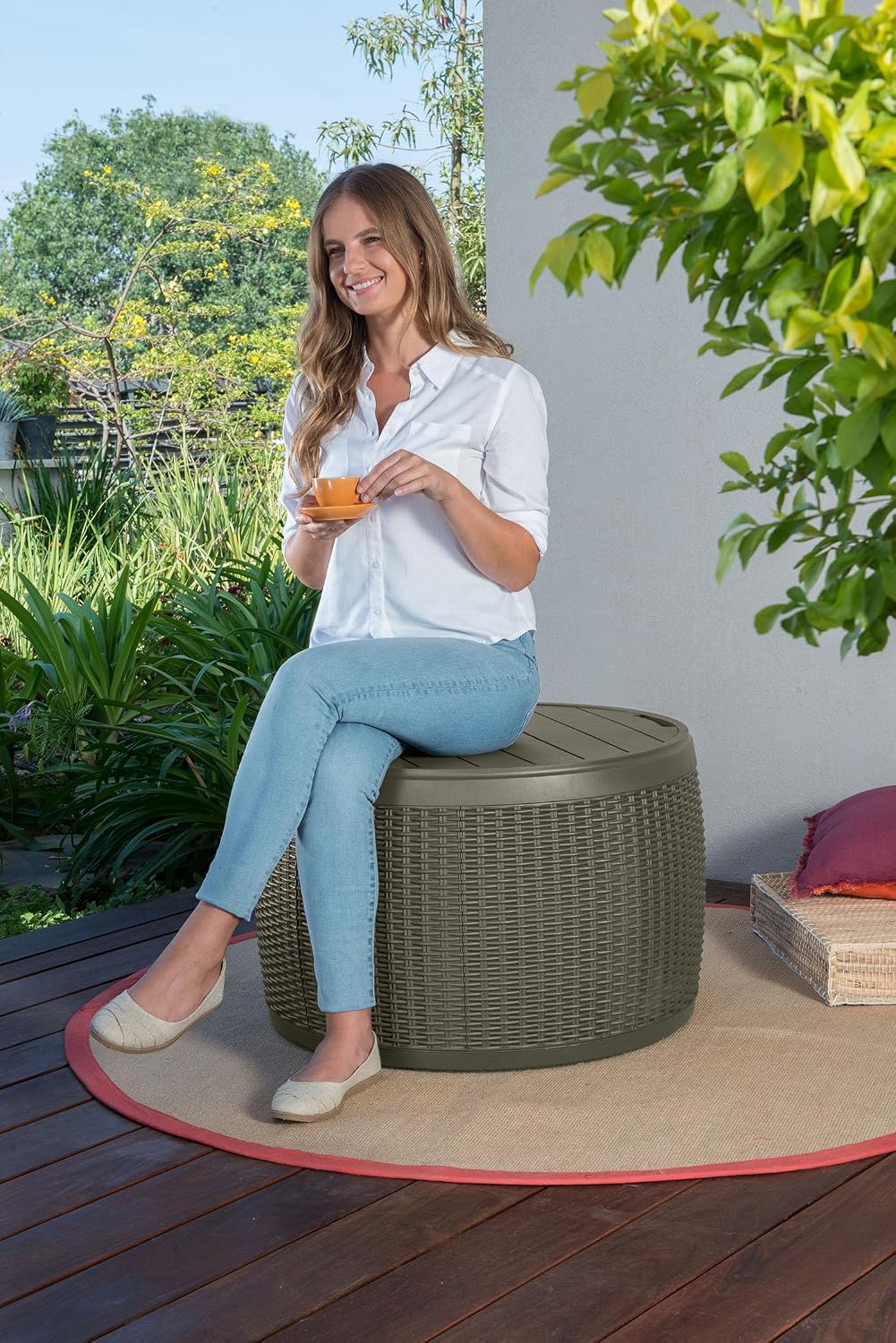 Keter Circa 37 Gallon Resin Deck Box Stool, All-Weather Outdoor Storage Seat with Rattan-Look Finish, Durable Patio Storage Bench for Cushions, Garden Tools, Pool Accessories