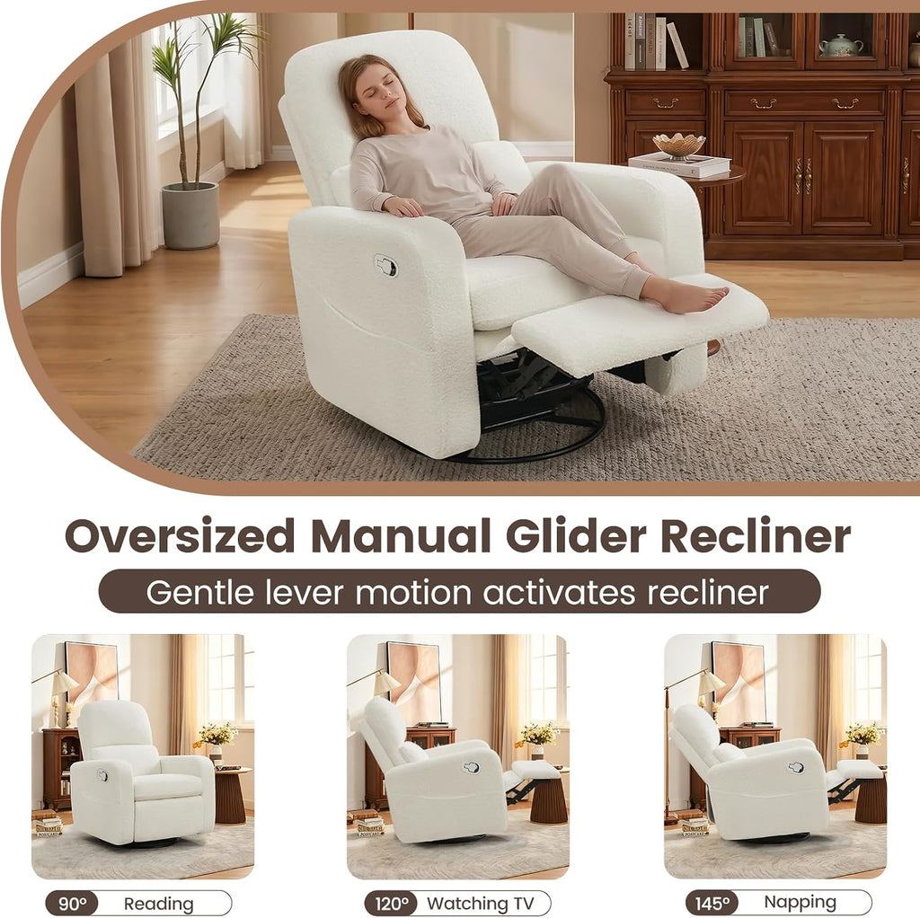 Manual Swivel Rocker Recliner, Swivel Glider Nurseryc Recliner Chair with Lumbar Support, Upholstered Rocking Recling Chairs for Adults Nursery, Living Room, Bedroom, Teddy White