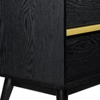SANGO Cortland 2-Drawer Nightstand, Modern Black Wood Bedside Table with Brass Handle, Wooden Legs, Sleek Mid-Century Design, Elegant Storage for Contemporary Homes