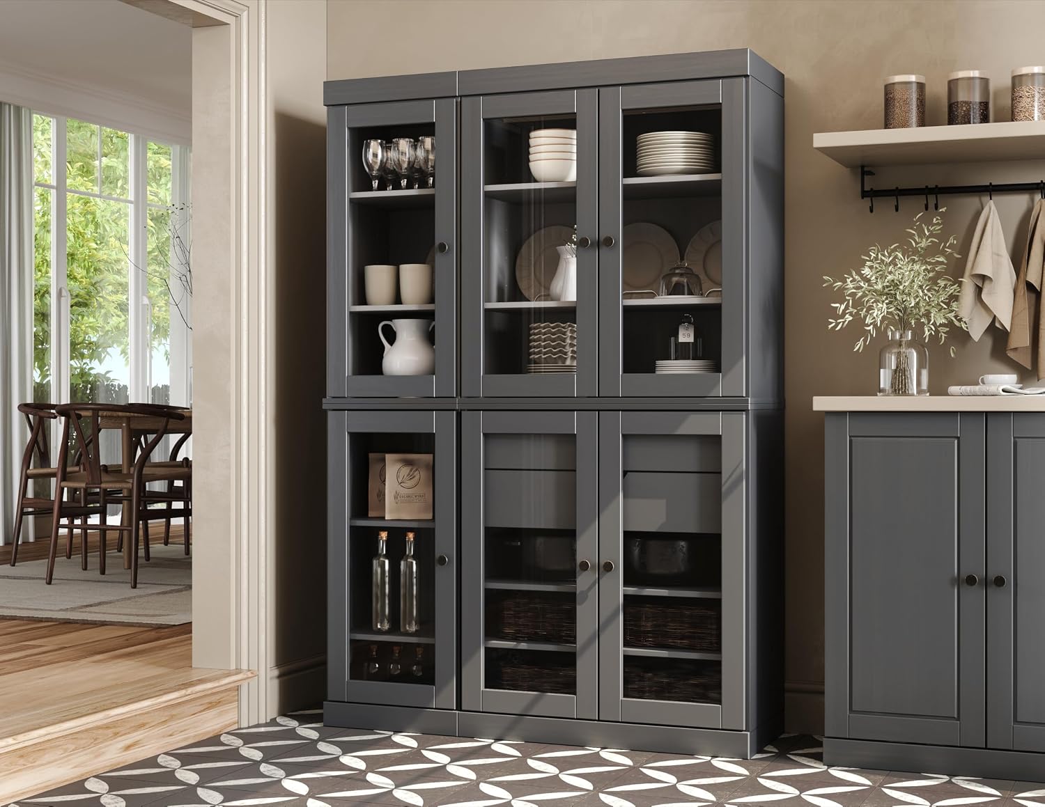 Palace Imports 100% Solid Wood 48.5" Pantry China Cabinet with Clear Glass Doors, 2-Drawers and Adjustable Shelves (Gray)