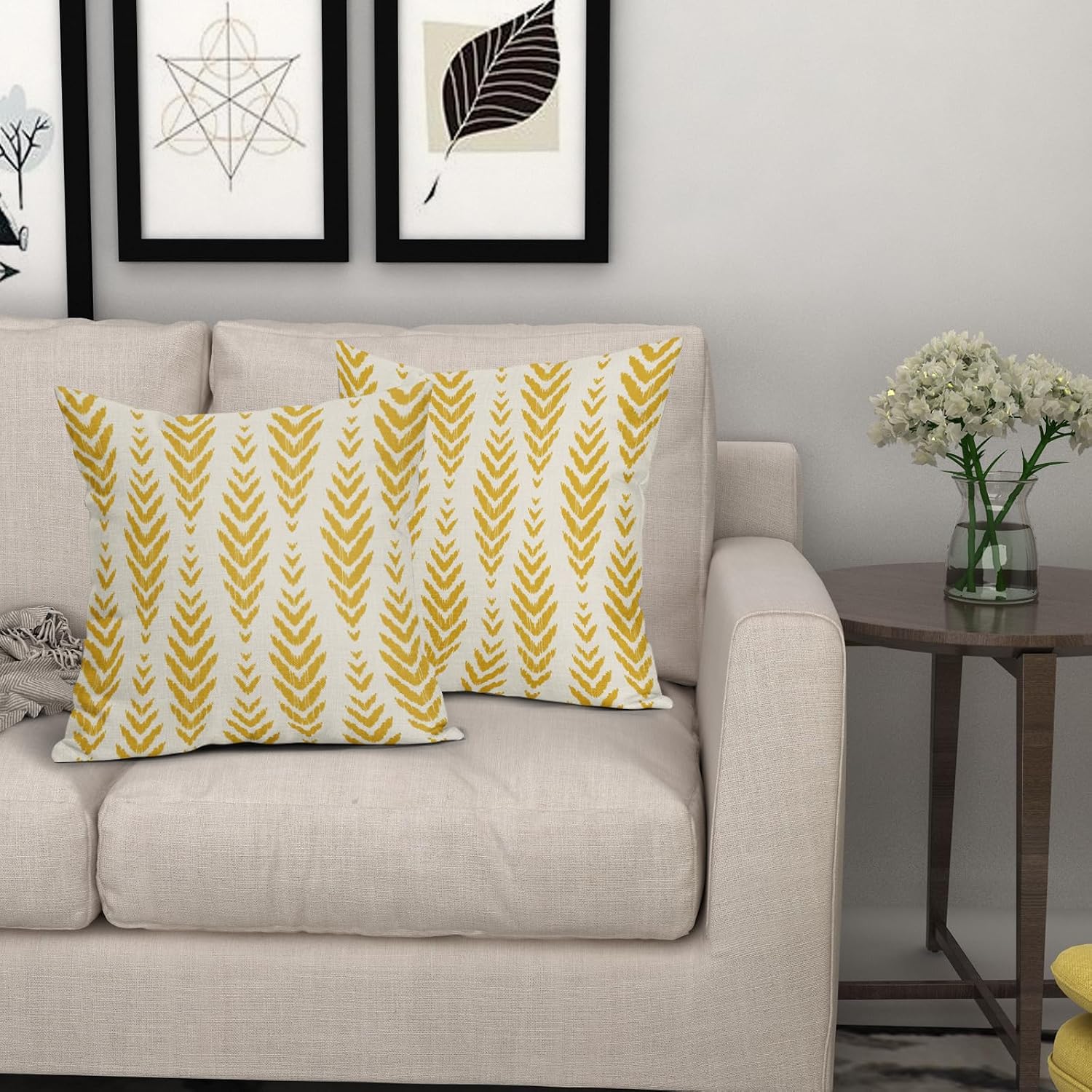 Sweetshow Yellow Boho Pillow Covers 18x18 Set of 2 Bohemian Ethnic Geometric Herringbone Print Decorative Throw Pillows Outdoor Pillowcase Square Linen Farmhouse Cushion Case Decor for Couch Sofa Bed