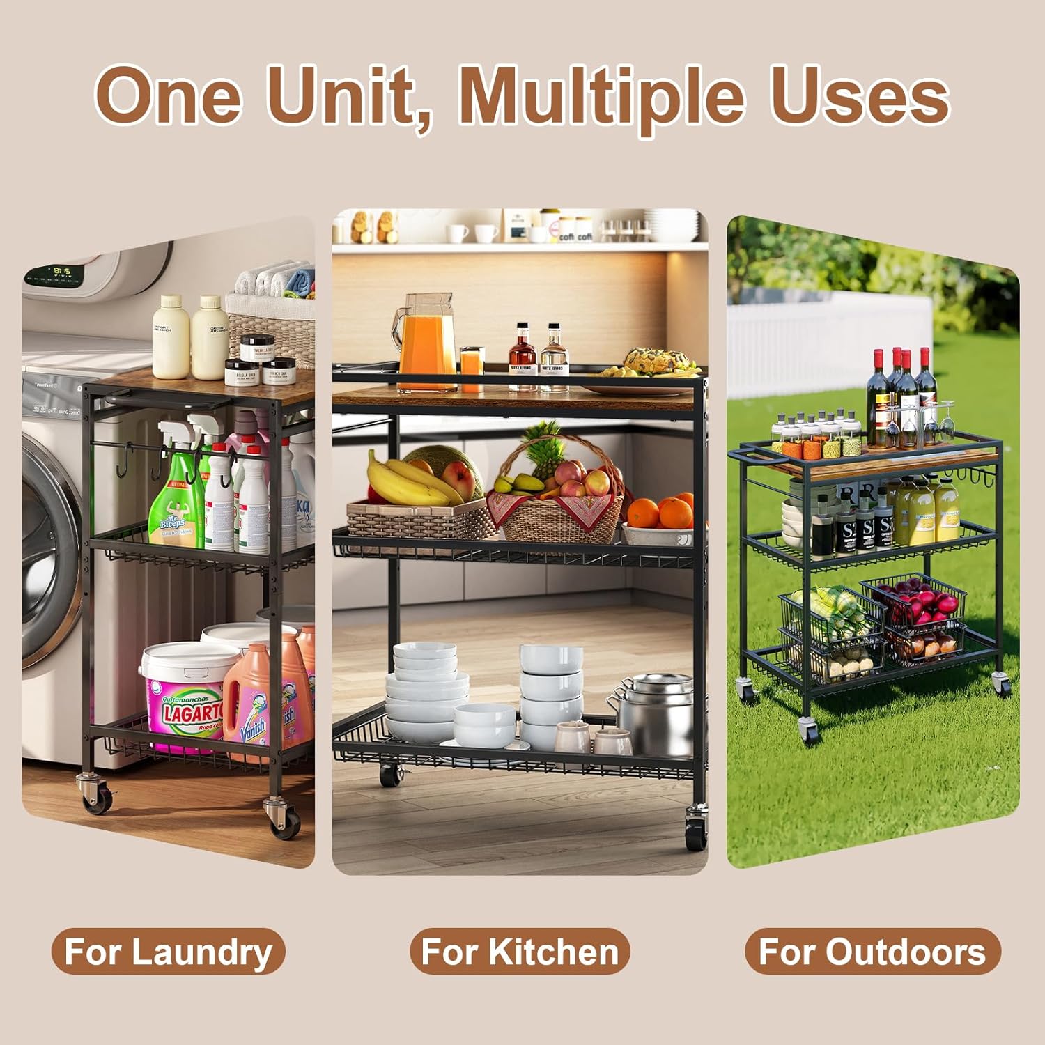 3 Tier Heavy Duty Rolling Kitchen Cart with Handle & Locking Wheels – Metal Utility Storage Cart for Kitchen, Laundry Room, Garage & Office – Supports Over 150 lbs Mobile Organizer Shelf