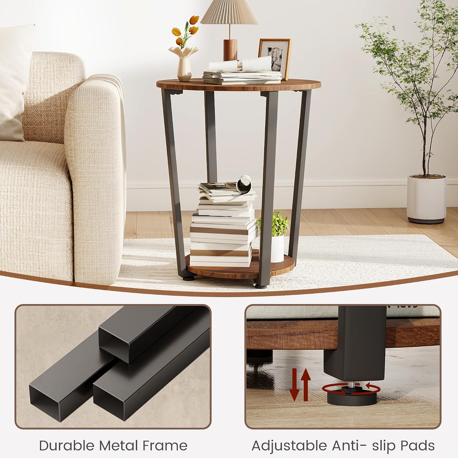 KROFEM Round 2-Tier Accent Side Table, Industrial Metal Frame End Table with Storage Shelf, Multifunctional Nightstand for Living Room, Bedroom and Small Spaces, Walnut