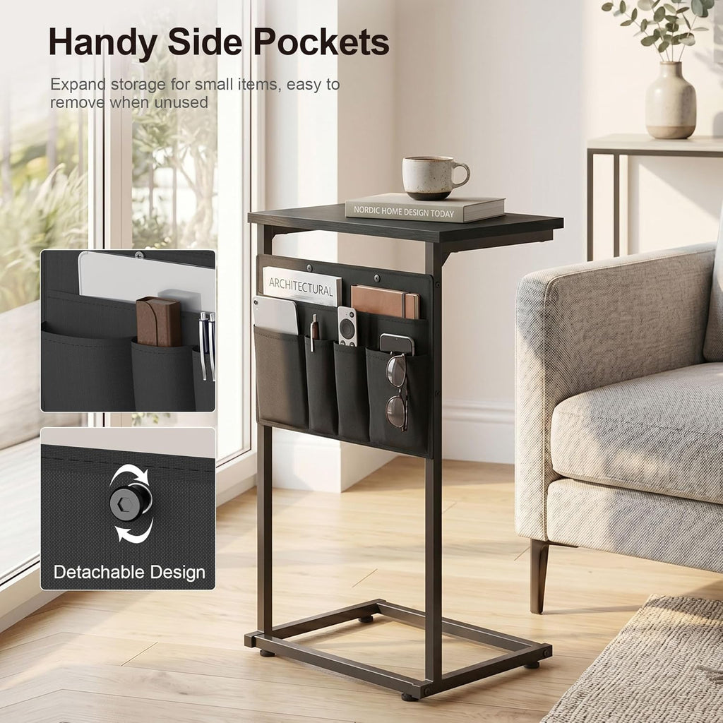 C-Shaped End Table, 28" H Side Table for Couch, Sliding Tray Desk Under Sofa with Storage Bag for Living Room, Bedroom, Office, Black
