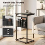 C-Shaped End Table, 28" H Side Table for Couch, Sliding Tray Desk Under Sofa with Storage Bag for Living Room, Bedroom, Office, Black