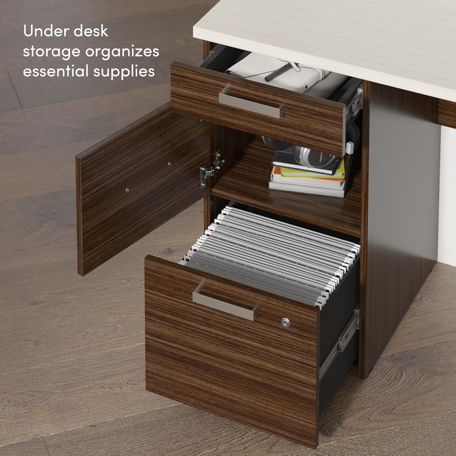 Bestar, Ridgeley Collection, 3-Piece Set Including a U-Shaped Desk with Hutch, a Lateral File Cabinet, and a Bookcase