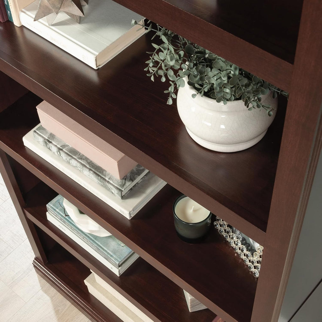 5-Shelf Bookcase with Storage, Classic Cherry Finish Wood Bookshelf for Living Room, Office, or Bedroom