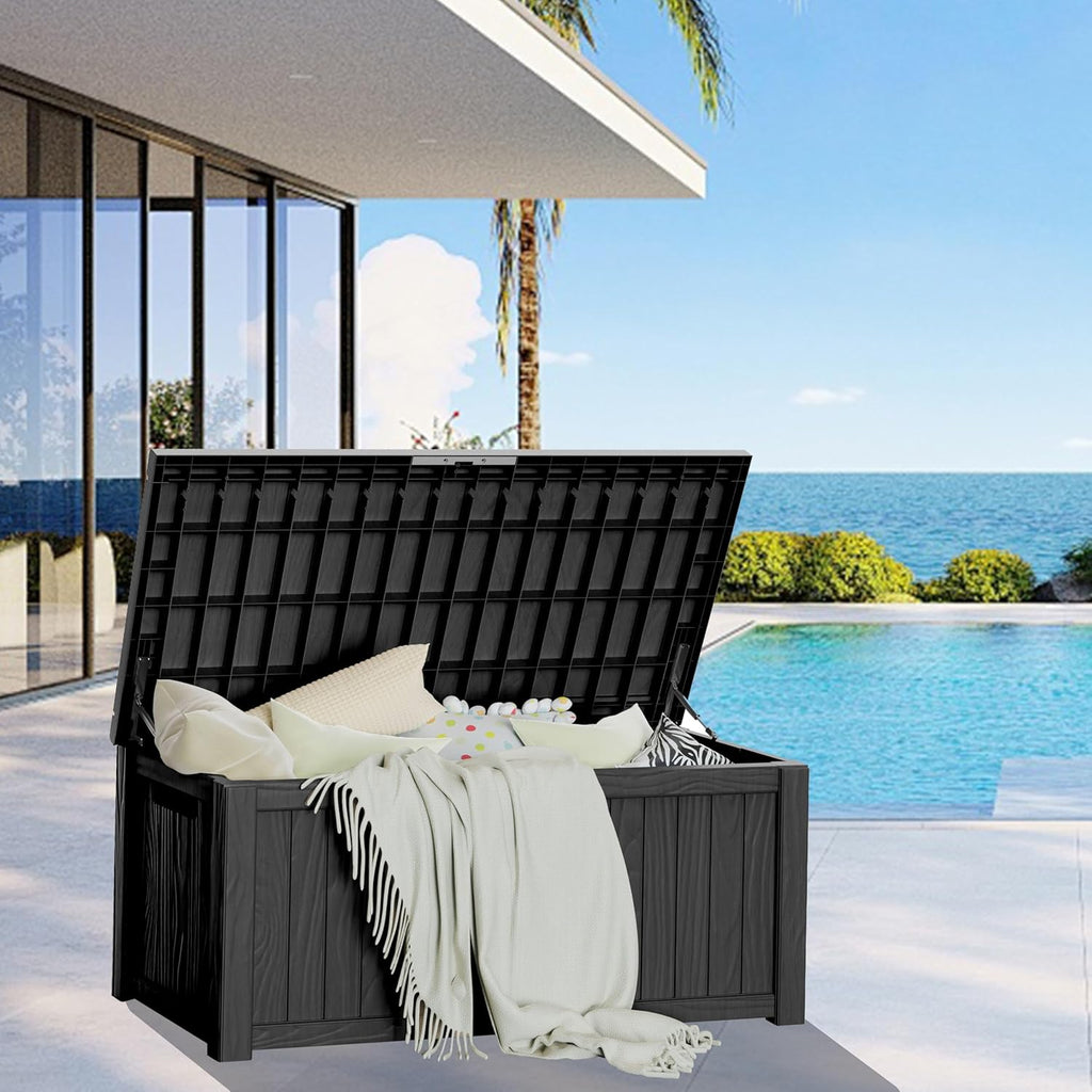 150 Gallon Deck Box Organizer, Doubles as 2-Person Bench Seat, Black Large Resin Outdoor Storage and Seating with Lockable Lid for Garden, Pool, and Patio