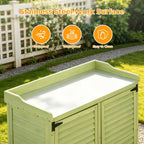 Outdoor Garden Storage Cabinet with Potting Bench, Wood Cabinet with Metal Top, Planting Workstation Table for Patio, Backyard and Garden Tools (Green)