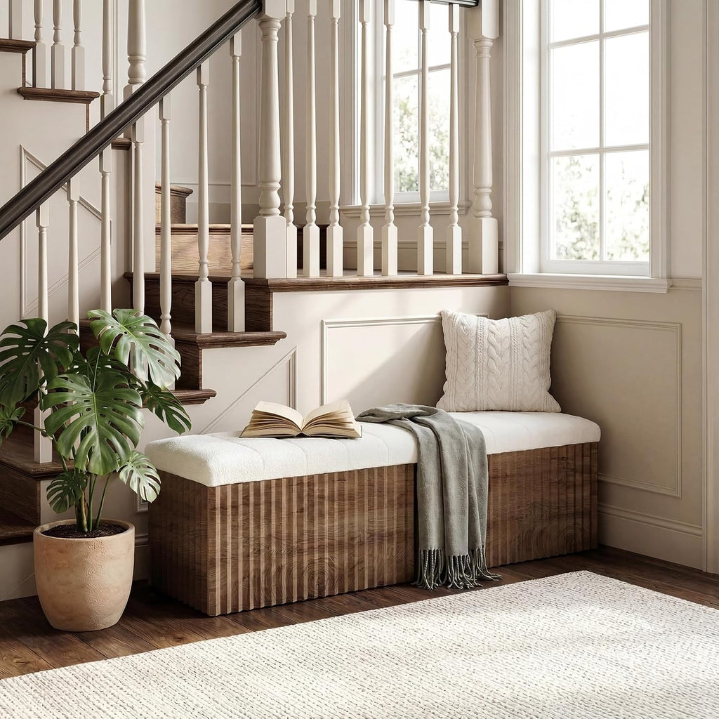 LITTLE TREE Upholstered End of Bed Storage Bench, 63" Farmhouse Wooden Entryway Bench with Cushion, Padded Ottoman with Shoe Storage for Bedroom, Living Room, Hallway, Window, Foot of Bed