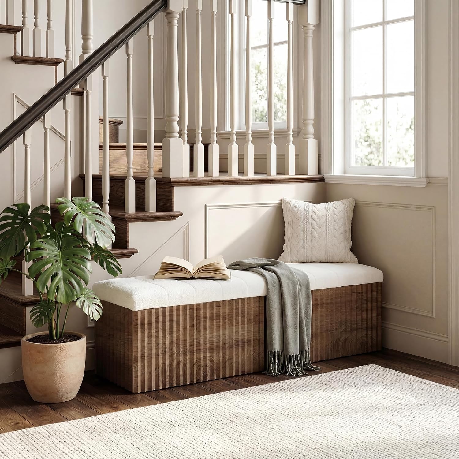 LITTLE TREE Upholstered End of Bed Storage Bench, 63" Farmhouse Wooden Entryway Bench with Cushion, Padded Ottoman with Shoe Storage for Bedroom, Living Room, Hallway, Window, Foot of Bed