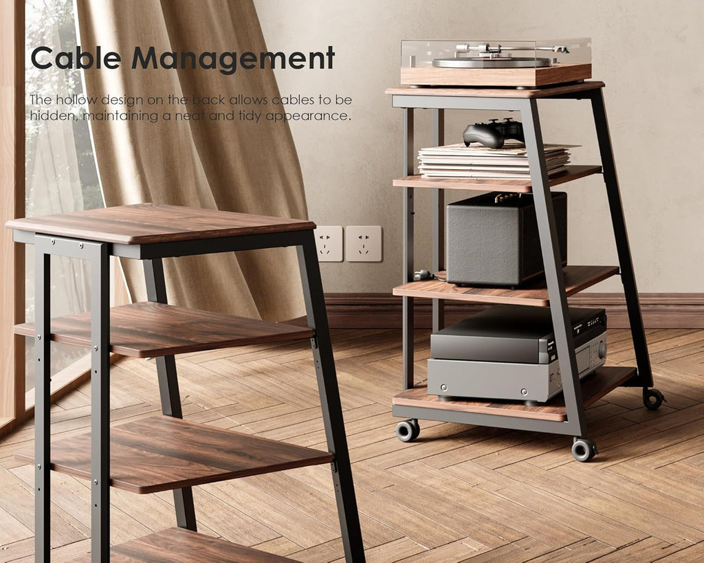 FITUEYES 4-Tier AV Media Stand Corner Shelf for Record Player Wooden Stereo Cabinet Audio Rack Tower with Height Adjustable Wooden Shelves for ps4 (Walnut)