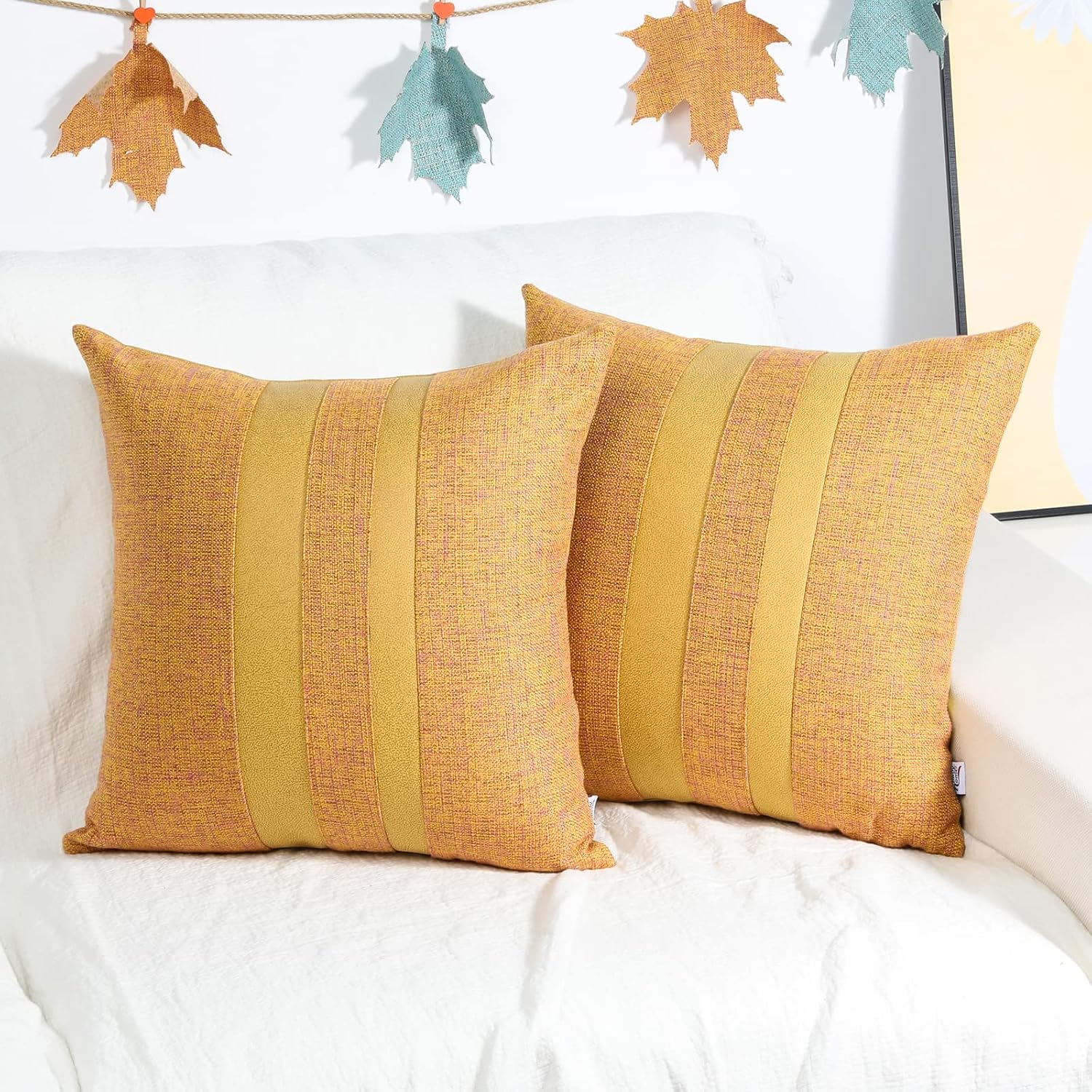Pack of 2 Patchwork Orange Yellow Pillow Covers Linen Striped Pattern Farmhouse Cushion Covers Spooky Decorative Faux Leather Pillow Cases for Couch Sofa Bedroom Living Room 18x18 Inch