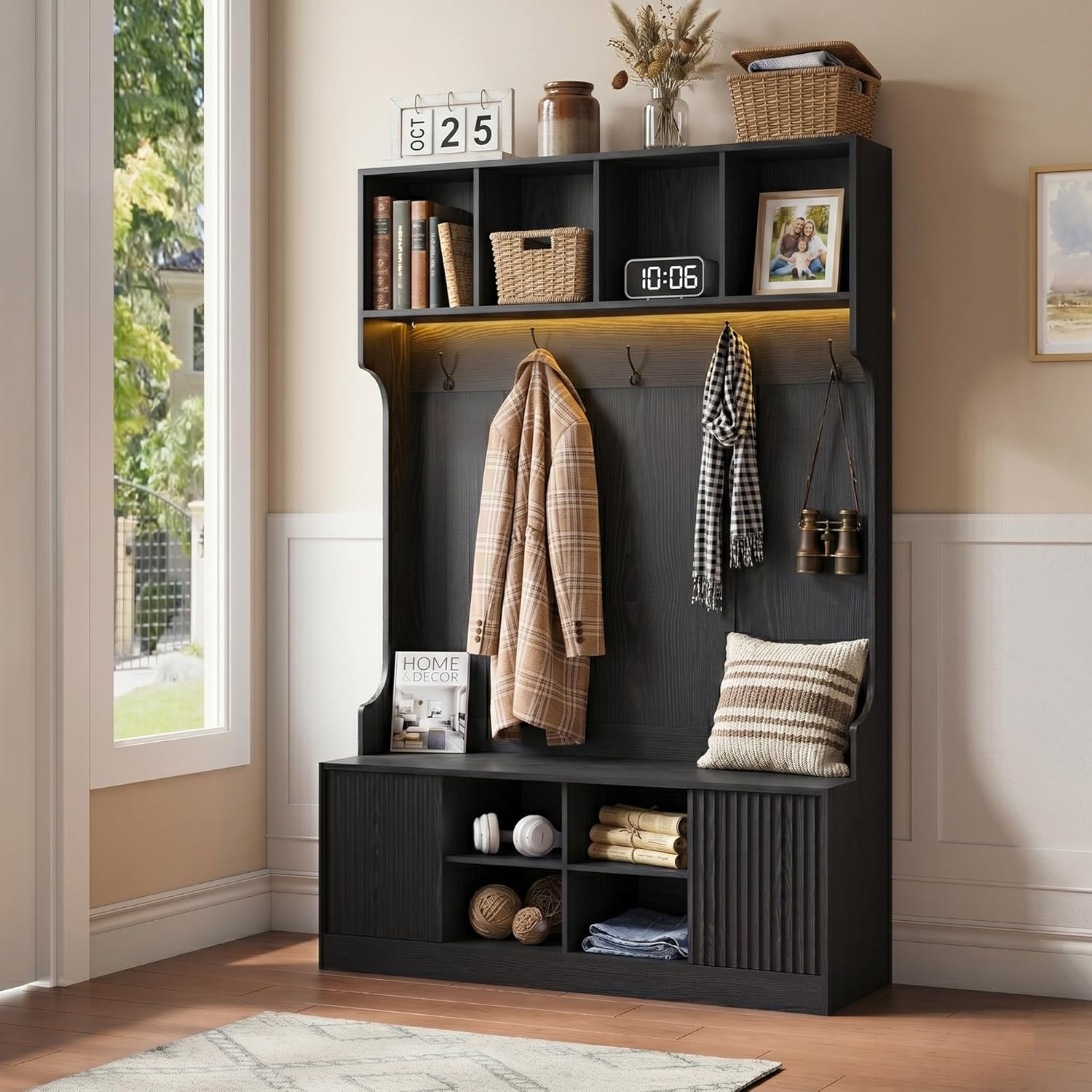 Hall Tree with LED Light, Coat Rack with Storage Bench, Modern Freestanding Entryway Organizer with Shoe Cabinet, Hallway Storage Bench with 5 Hooks, Open Shelves and Fluted Doors, Black