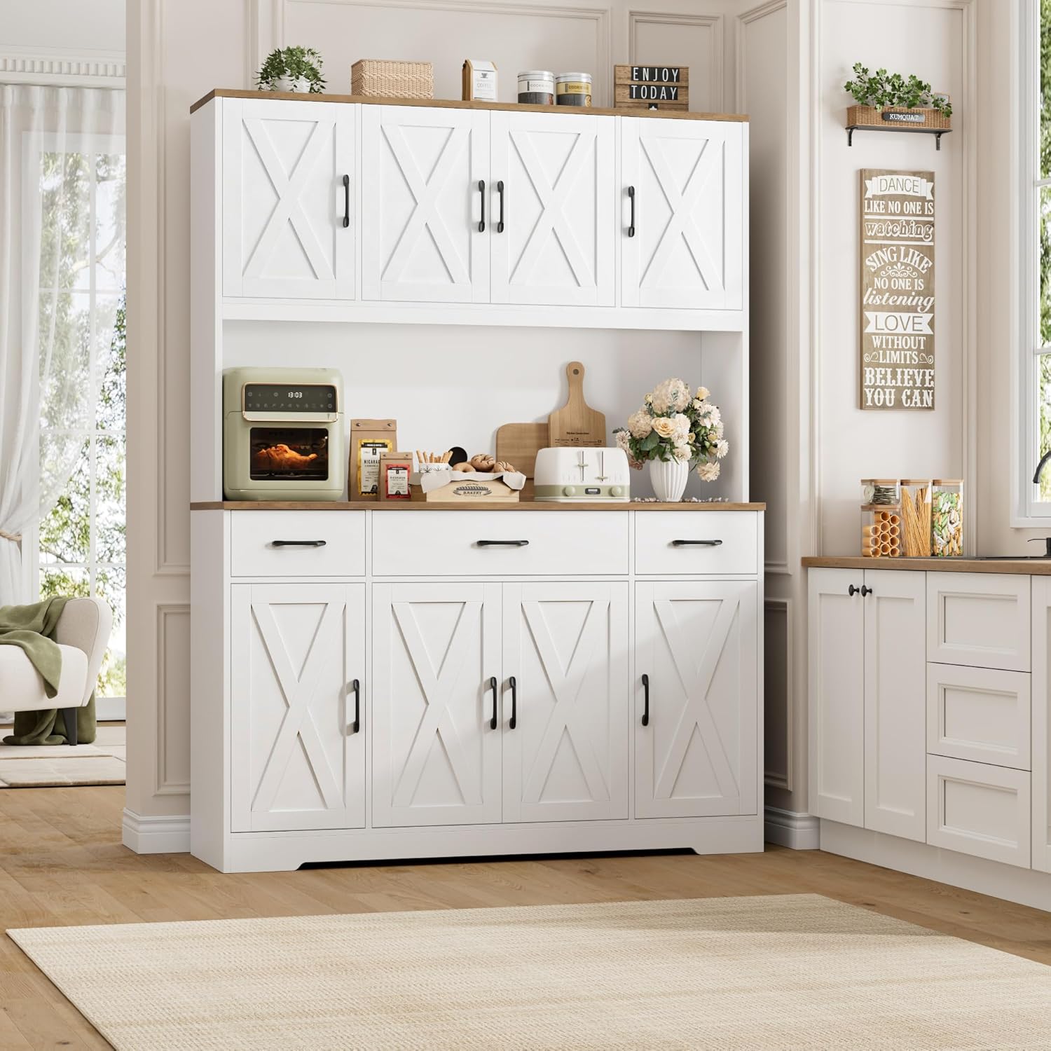 Large Pantry Cabinet with Charging Station and Power Outlet, 71" Tall Kitchen Hutch with Drawers and Countertop, Wide Freestanding Food Storage Cupboard, White