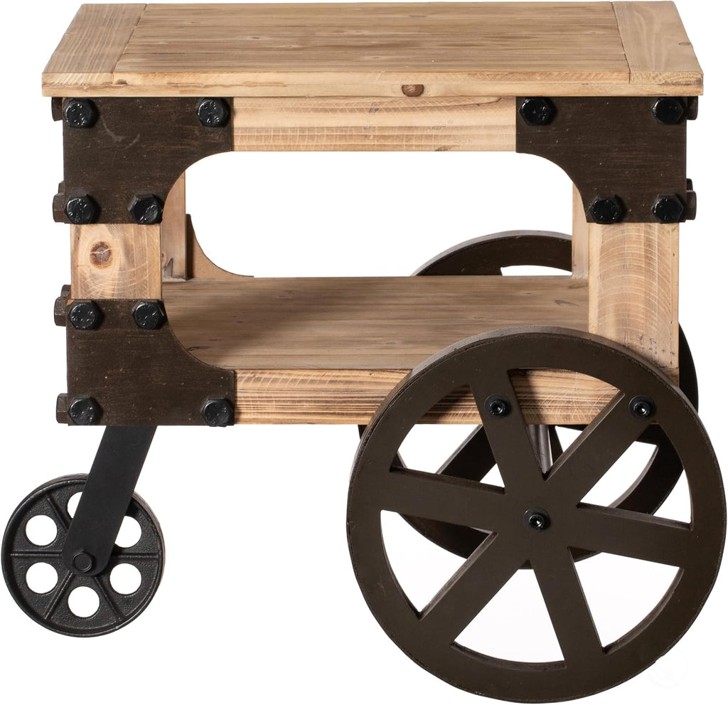 Vintiquewise Farmhouse Wagon-Style End Table with Storage Shelf & Rolling Wheels Vintage Wood Accent Table for Living Room Bedroom or Entryway Compact Decorative Multi-Functional & Stylish Display