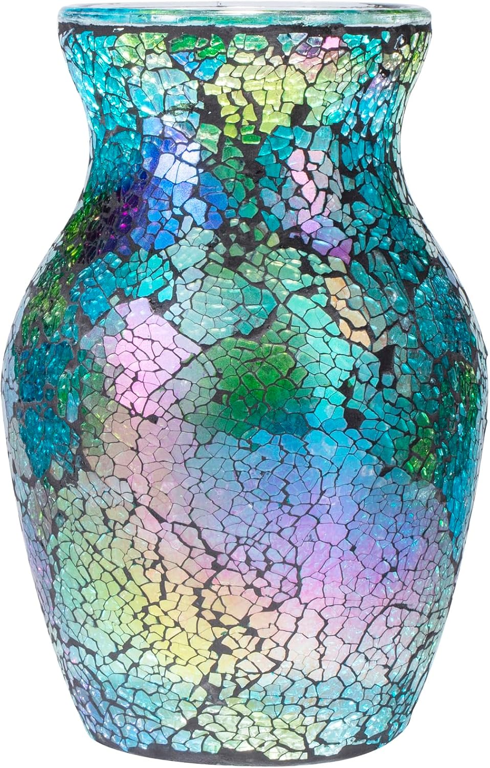 8" Iridescent Crackle Glass Vase, Handmade Deep Teal Green & Violet Mosaic Flower Vase, Dynamic Light-Reactive Art Centerpiece for Home Decor