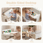 Kinder King Kids Table & Chair Set, Folding Children Activity Table w/Tilt Tabletop, Graffiti & Building Blocks, Book Stand, Storage, Toddler Furniture Set for Classroom, Daycare, Home, Age 3+, Beige