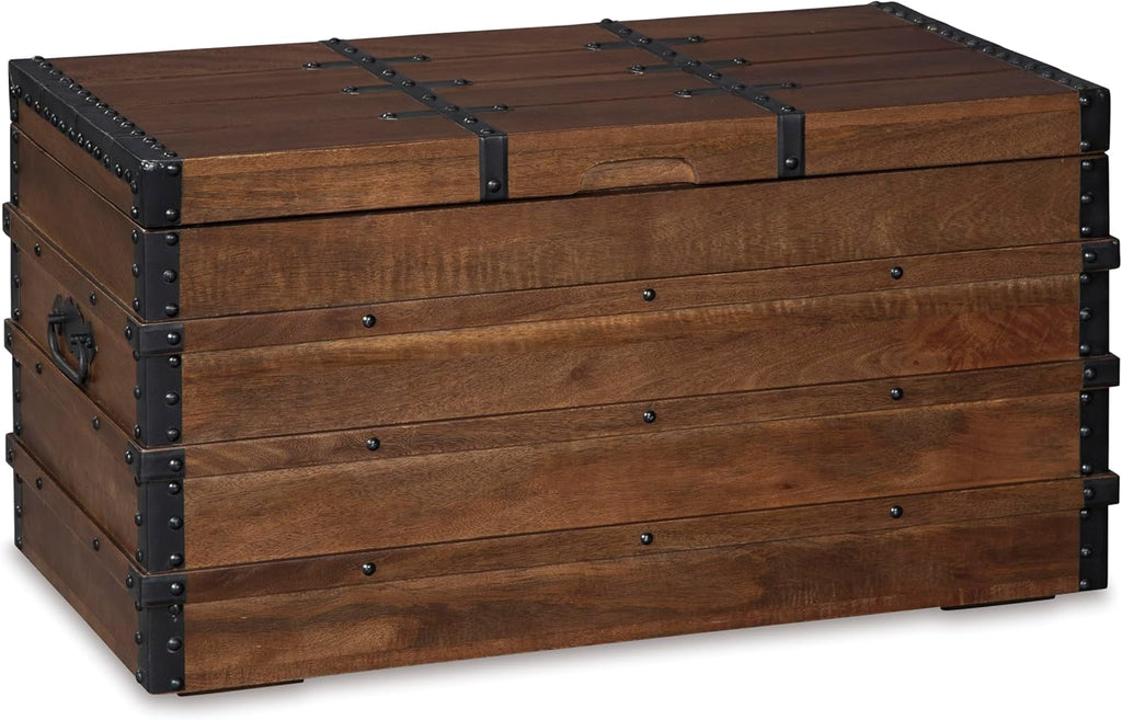 Signature Design By Ashley Kettleby Wooden Storage Box Trunk, Vintage‑Style Coffee Table With Hinged Top And Hidden Storage, Wood Construction With Metal Hardware For Living Room Organization, Brown
