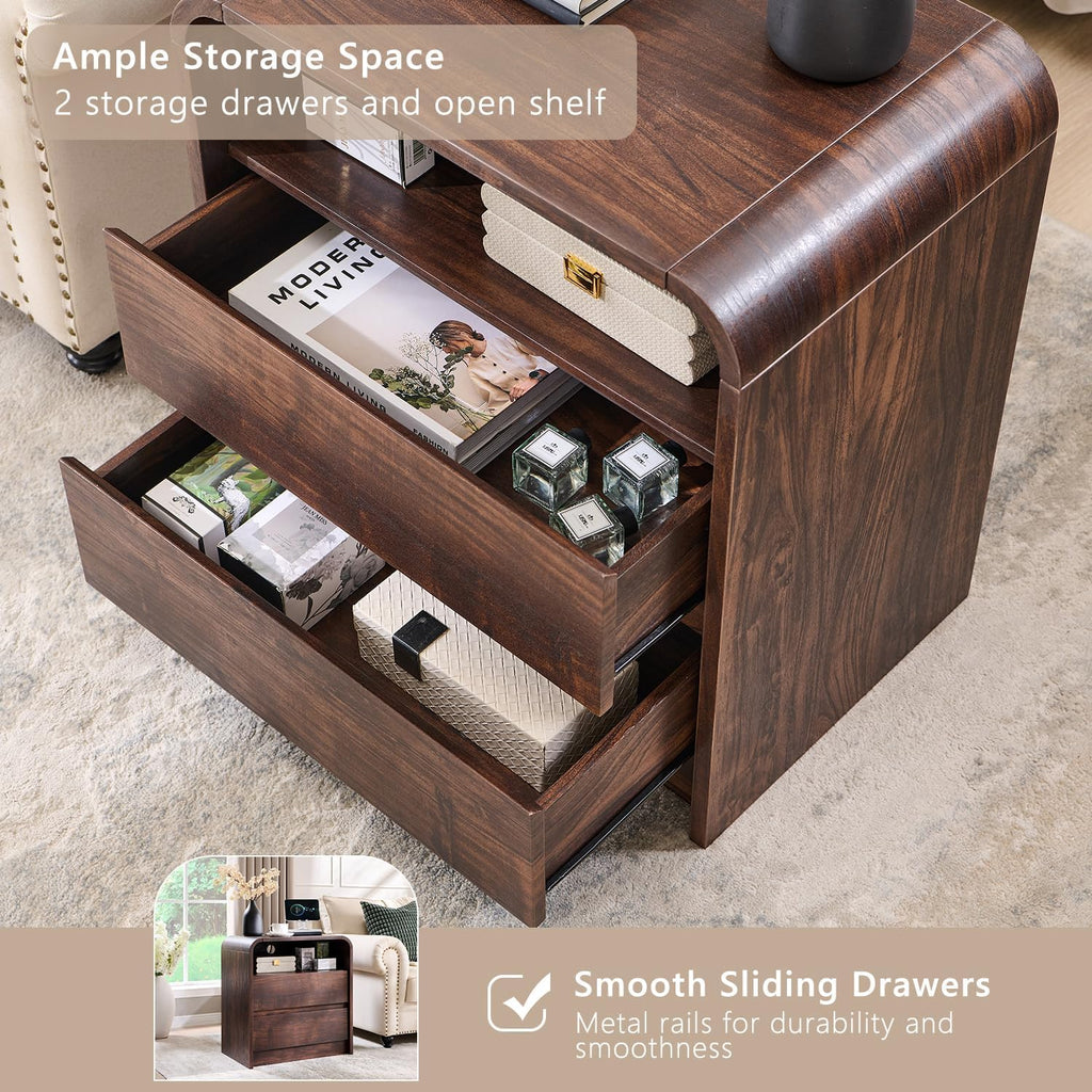 Aitjunz 25" Tall Modern Nightstand with Charging Station, 23.6'' Wide Wood Bedside Table w/2 Storage Drawers, Large Mid Century End Table for Bedroom, Living Room, Curved Profile Design, Brown