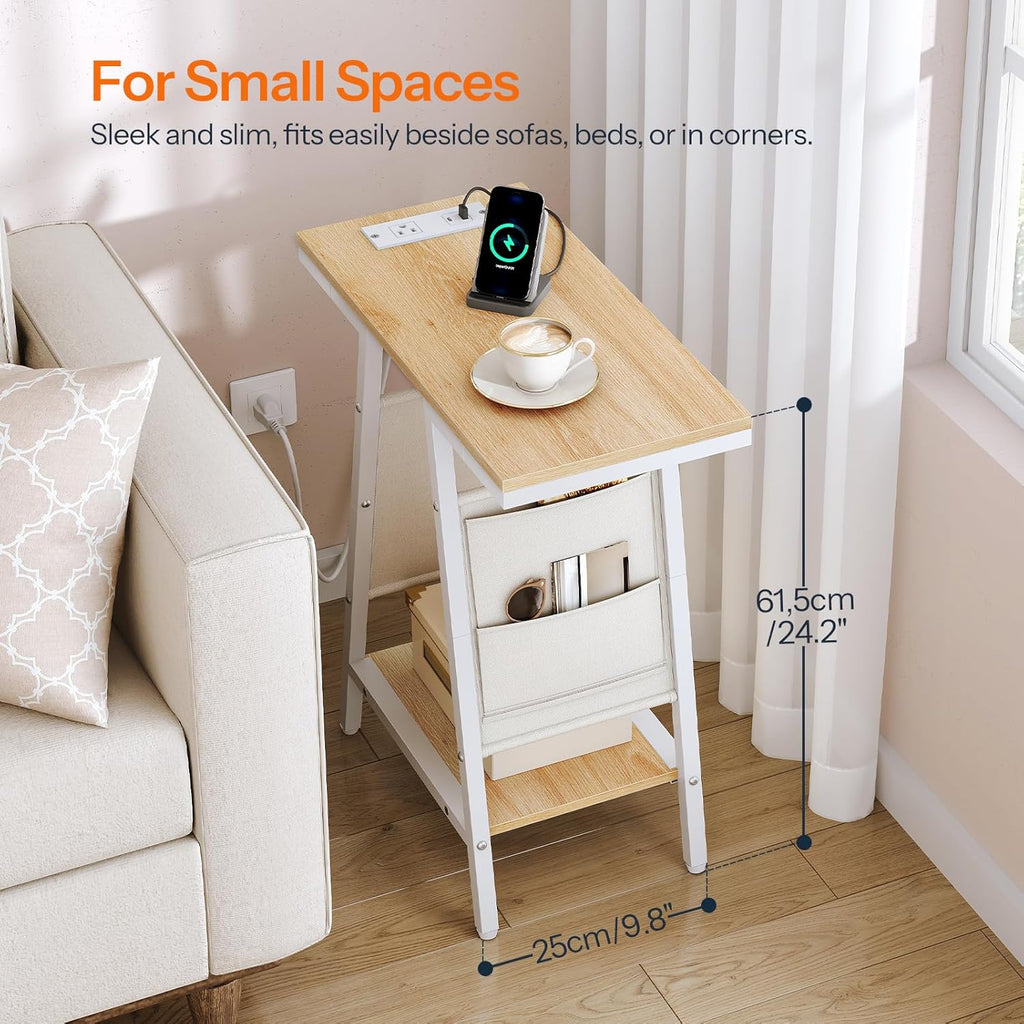 HOOBRO Side Table, Narrow End Table with 2-Tier Storage, Small Side Table with Charging Station, Fabric Pockets, Nightstand for Small Spaces, Living Room, Bedroom, White and Natural WN426UBZ01