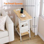 HOOBRO Side Table, Narrow End Table with 2-Tier Storage, Small Side Table with Charging Station, Fabric Pockets, Nightstand for Small Spaces, Living Room, Bedroom, White and Natural WN426UBZ01