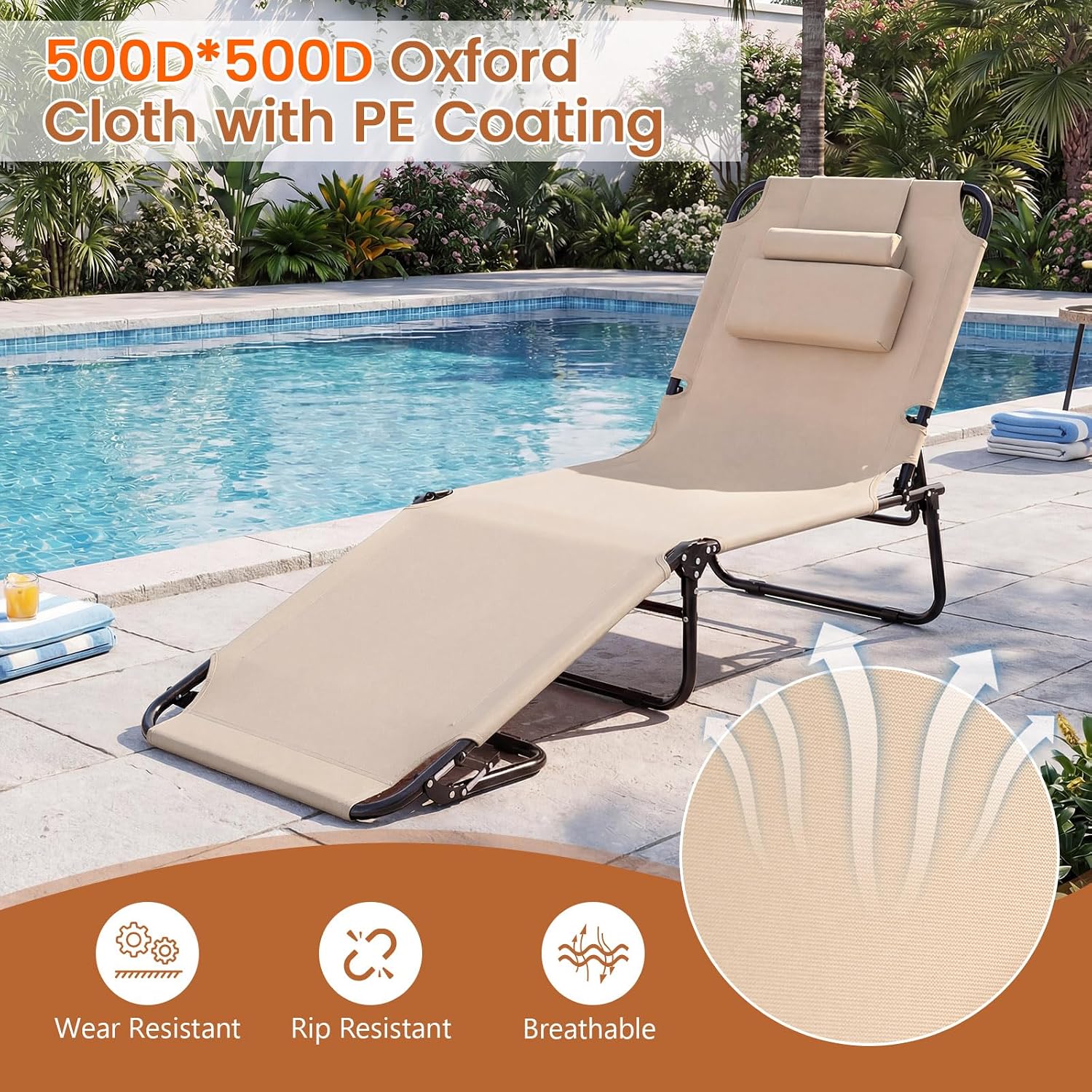 COSTWAY Tanning Chair with Face Hole, Pillows & Adjustable Backrest, Folding Chaise Lounge for Sunbathing, Beach, Seaside (1, Beige)