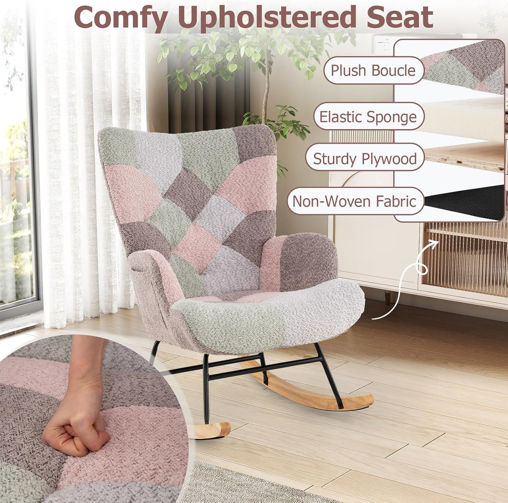 Moccha Nursery Rocking Chair, Teddy Upholstered Glider Rocker with High Backrest, Rubber Wood Legs & Side Pocket, Comfy Armchair Side Chair for Living Room Bedroom (1, Spliced Pink)