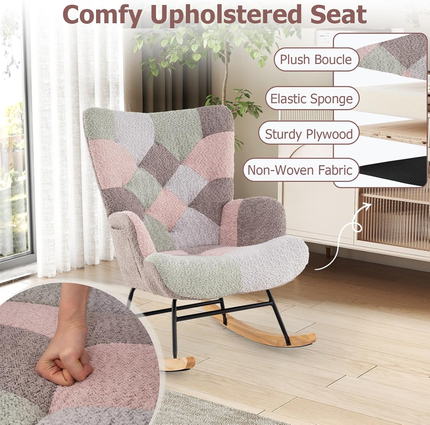 Moccha Nursery Rocking Chair, Teddy Upholstered Glider Rocker with High Backrest, Rubber Wood Legs & Side Pocket, Comfy Armchair Side Chair for Living Room Bedroom (1, Spliced Pink)