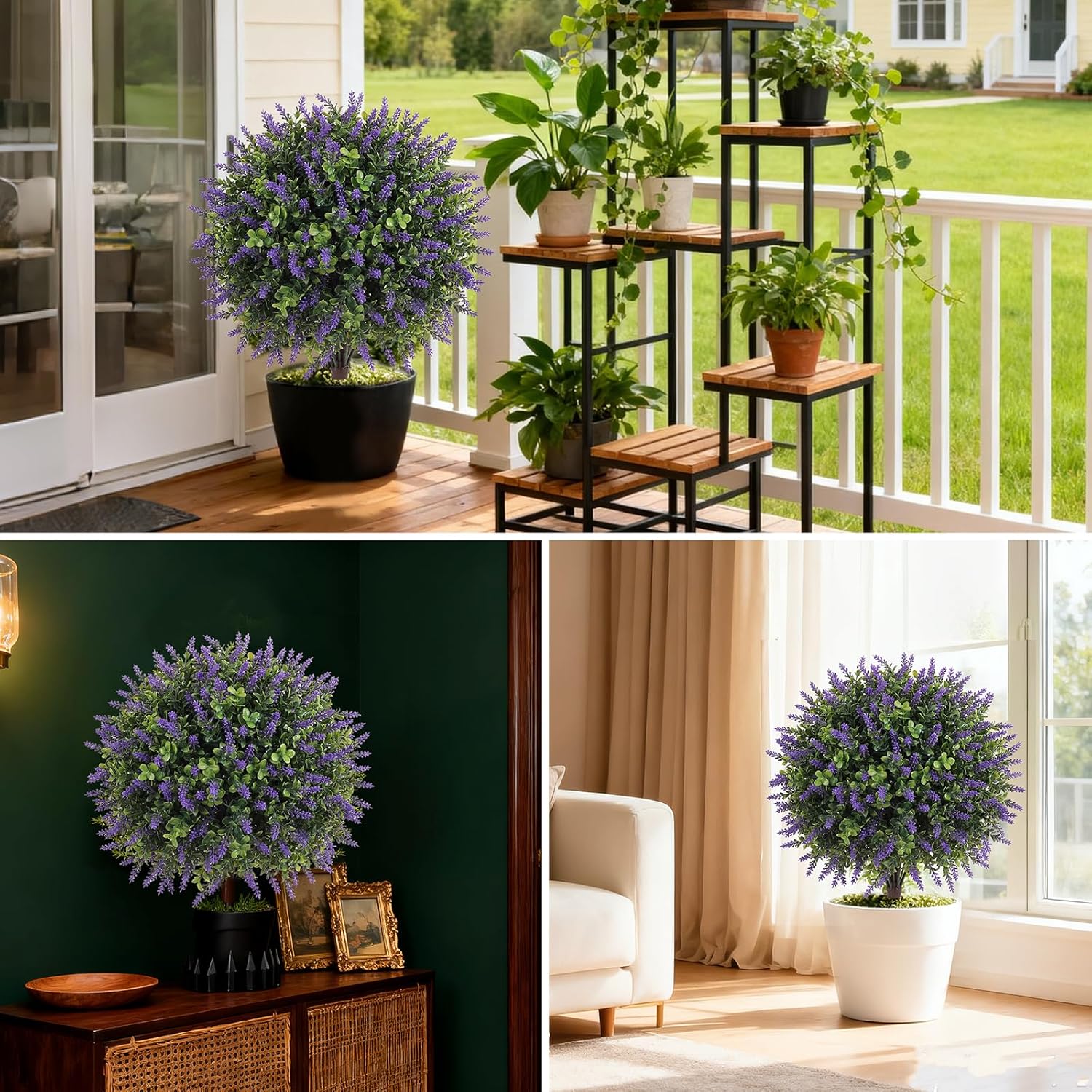 Artificial Boxwood Topiary Ball Trees with Lavender, UV Resistant Fake Shrubs Bushes with Spike Faux Evergreen Plant for Indoor Outdoor Front Porch Garden