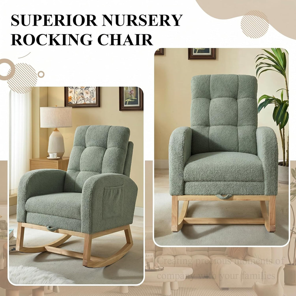 Nursery Rocking Chair, Polyester Upholstered Glider Chair with Footrest, Comfy Rocker Chair, Accent Chair with High Backrest, Glider Rocker, Armchair for Living Room (Green Teddy)